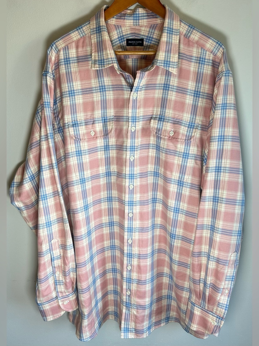 Proper Cloth Men’s Button Up Shirt XXL Rose Cream Blue California Plaid Flannel